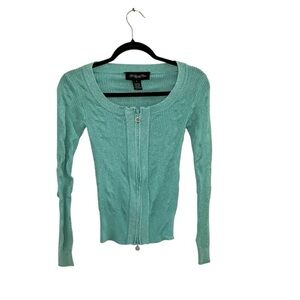Y2K My Favorite Things Mint Green Metallic Ribbed Zip-Up Sweater Size Small
